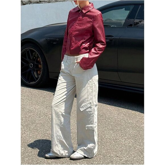 ⚡Women's Red Crop Faux Leather Jacket Vintage Long Sleeve Collar Zip Up Biker - Picture 6 of 6